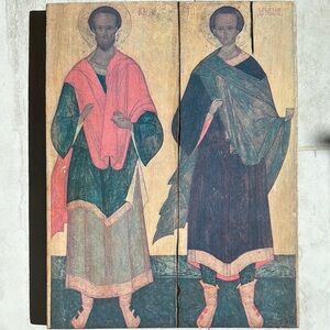 Vintage Religious Wall Art with Red and Green Tones